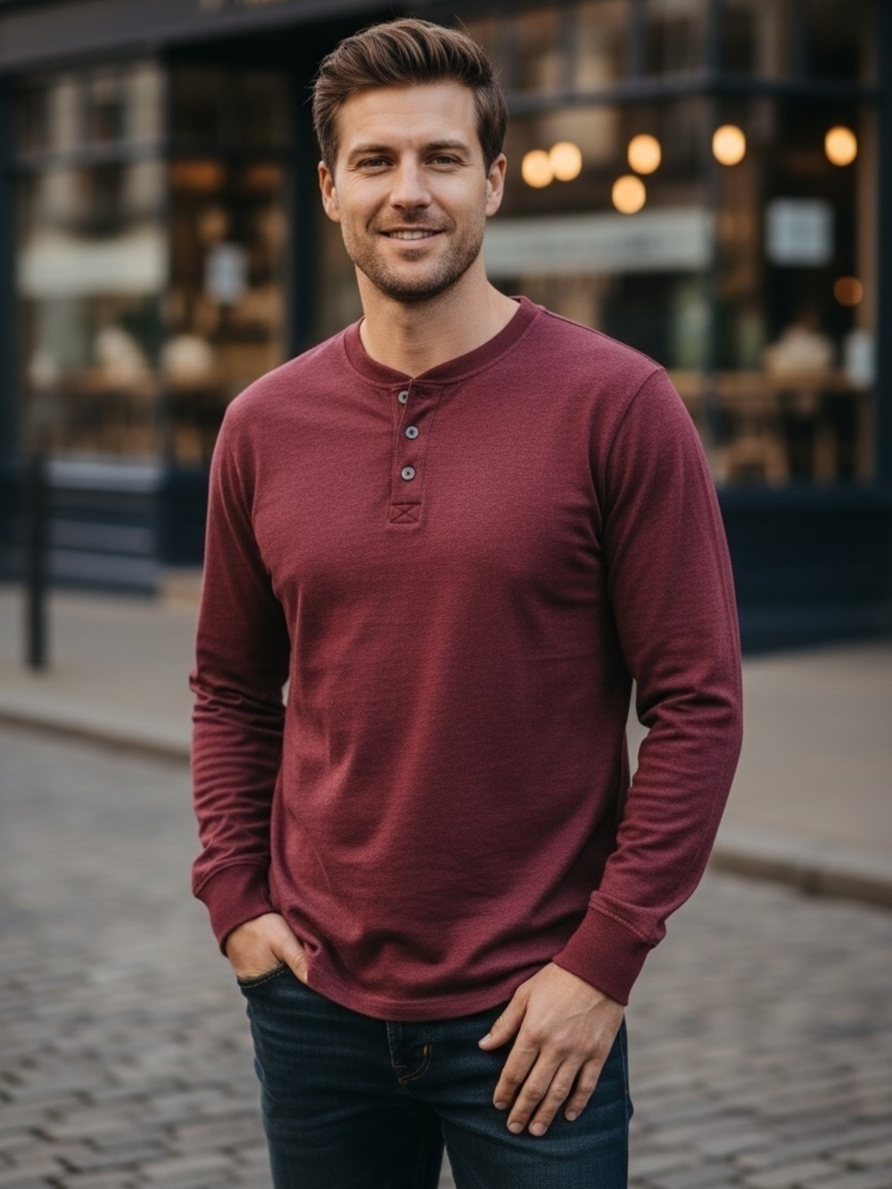 Saddlebred Men's Long-Sleeve Henley in Deep Wine